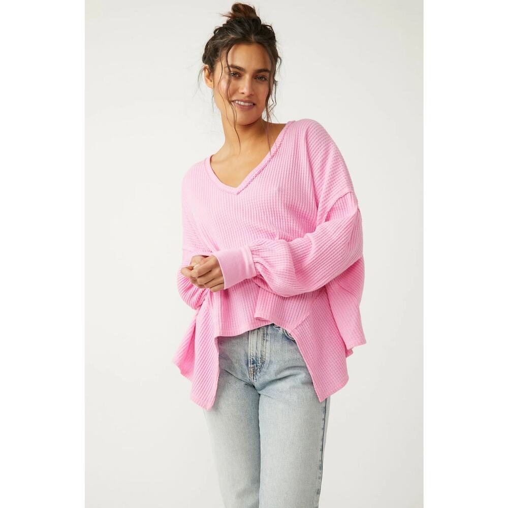 Free People Pink Ribbed V-Neck Blouse